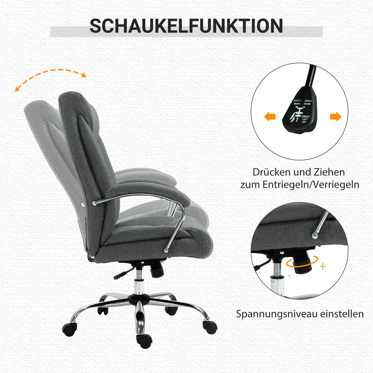 HOMCOM Vinsetto Bürostuhl mit Wippfunktion ergonomischer Stuhl mit gepolsterte Armlehne Kopfstütze höhenverstellbarer Schreibtischstuhl Drehstuhl mit Rückenlehne Nylon Grau 65 x 78 x 110-120 cm