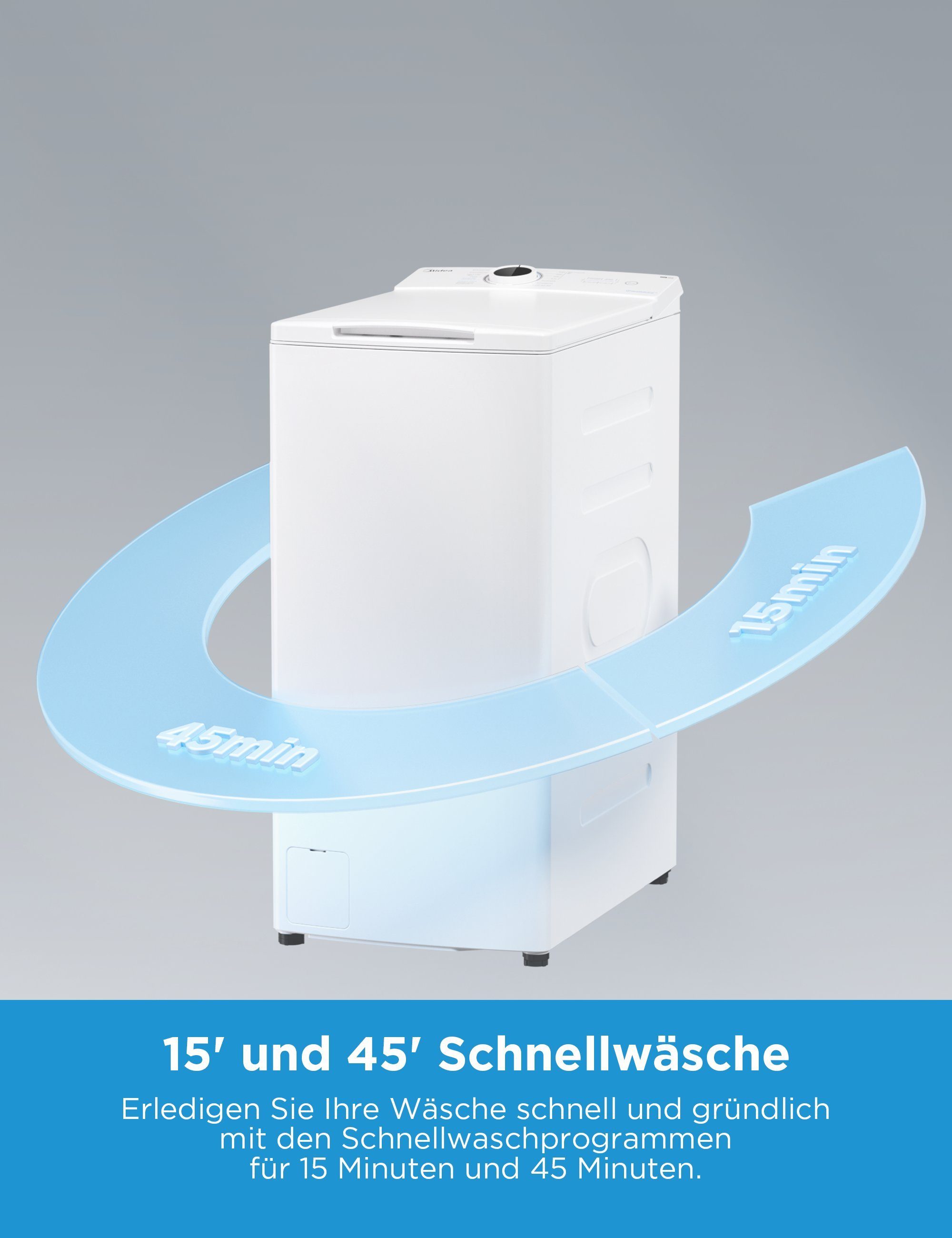 Midea Waschmaschine Toplader MF10ET80B, 8 kg, 1300 U/min, Soft Opener, XL-Tür, Dampffunktion, Kurz 15'&45'