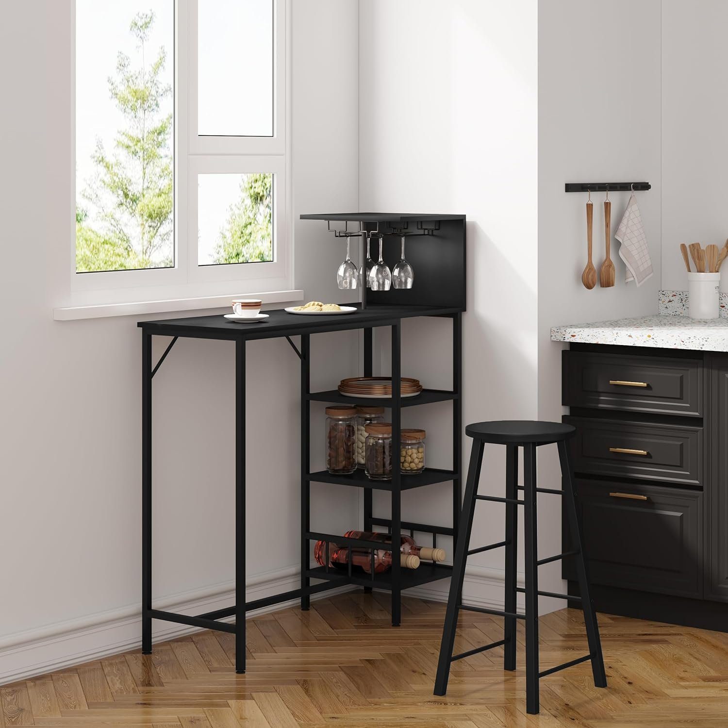 Woltu Bartisch (1-St), Stehtisch mit Weinregal Glashalter, 4 Ablage