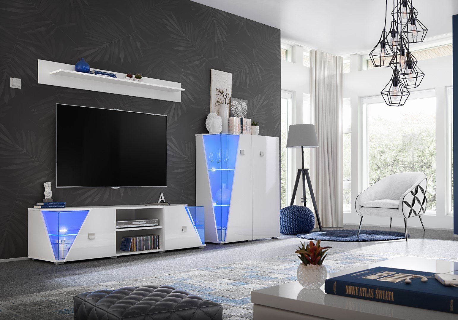 Unique Home Wohnwand Wohnwand ED, mit LED Beleuchtung, Farbe Weiß Hochglanz
