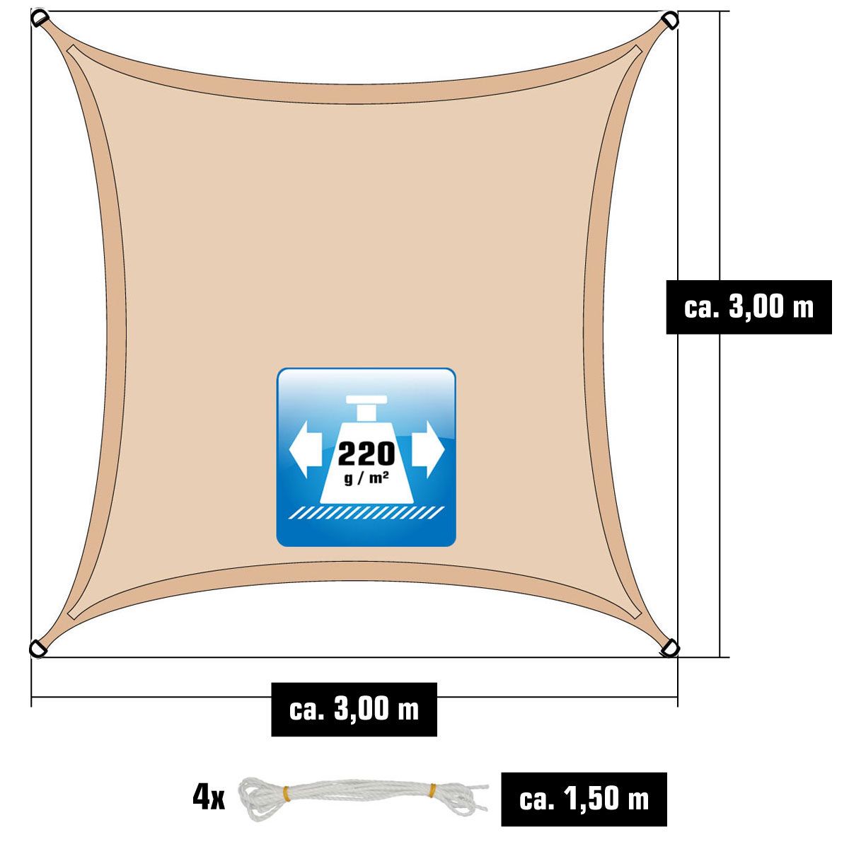 AMANKA 3x3 Beiges atmungsaktives UV Sonnensegel
