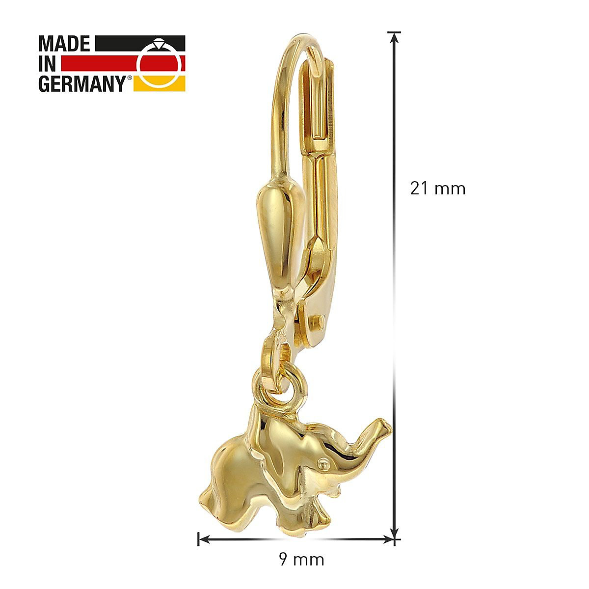 Mädchen-Ohrringe Gold 333/8 Karat Elefant-Ohrhänger Ohrhänger