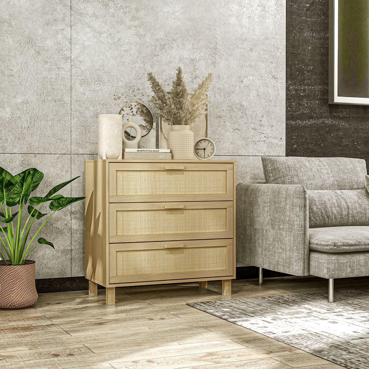 HOMCOM Kommode Schubladenschrank mit 3 Schubladen, Rattanoptik für Wohnzimmer