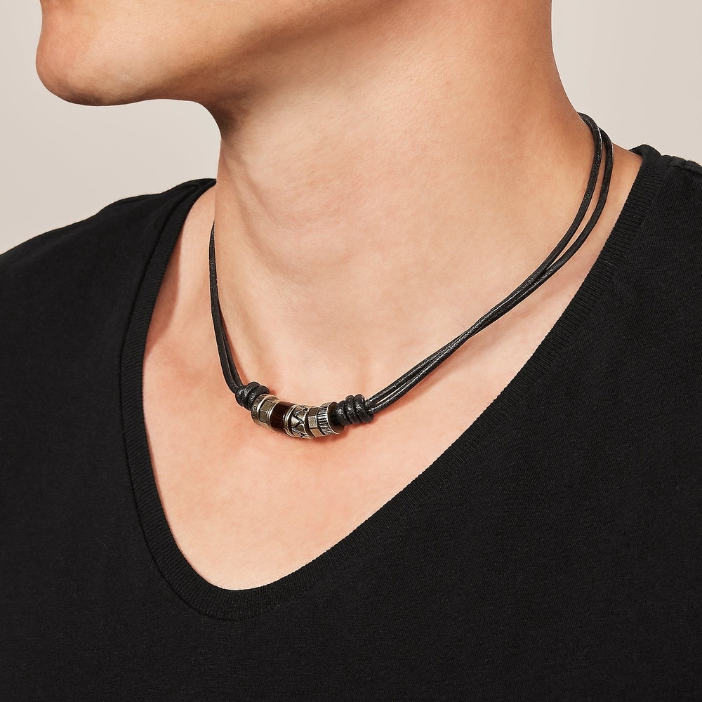 Fossil Chaînette Acier inoxydable, Cuir collier