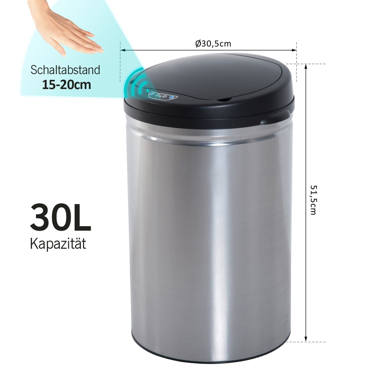 HOMCOM Edelstahl Automatik Sensor Mülleimer Abfalleimer IR Sensor mit/ohne Inneneimer rund 30 L