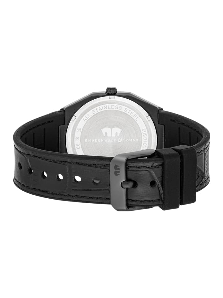 Rhodenwald & Söhne Herren Quarzuhr schwarz Echtleder/Silikon schwarz in schwarz günstig kaufen 21,5 cm