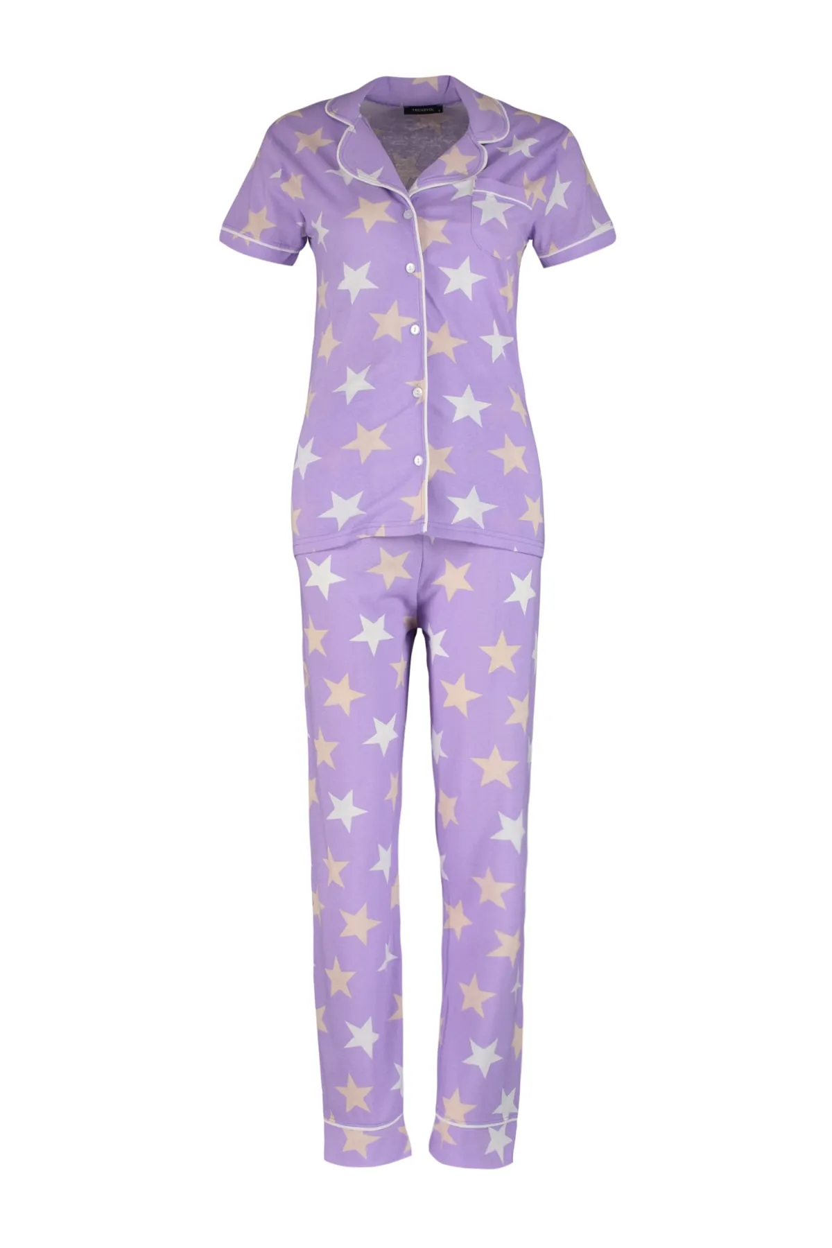Trendyol Collection  Gestricktes Pyjama-Set aus Hemd und Hose aus fliederfarbener Baumwolle mit Sternenmuster THMSS21PT0786