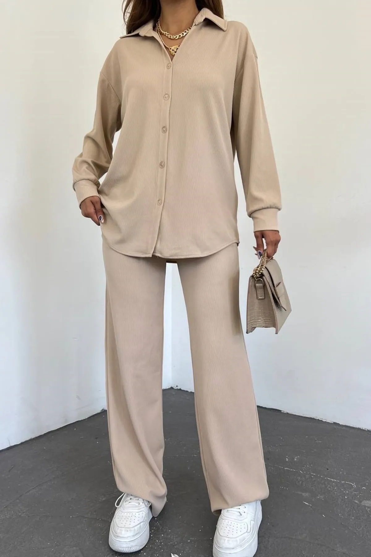 lovebox  Damen-Seersucker-Hemd und Hose im Oversize-Design, Beige, Doppelanzug 10786