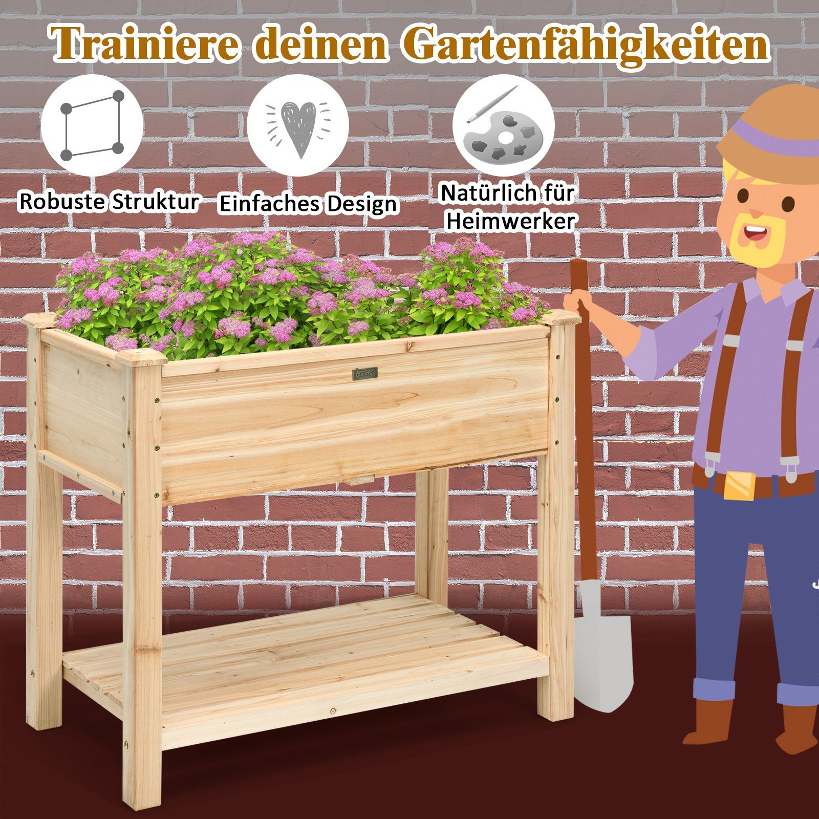 COSTWAY Hochbeet Pflanzkübel, Pflanzkasten, mit Ablage, 86x46x76 cm