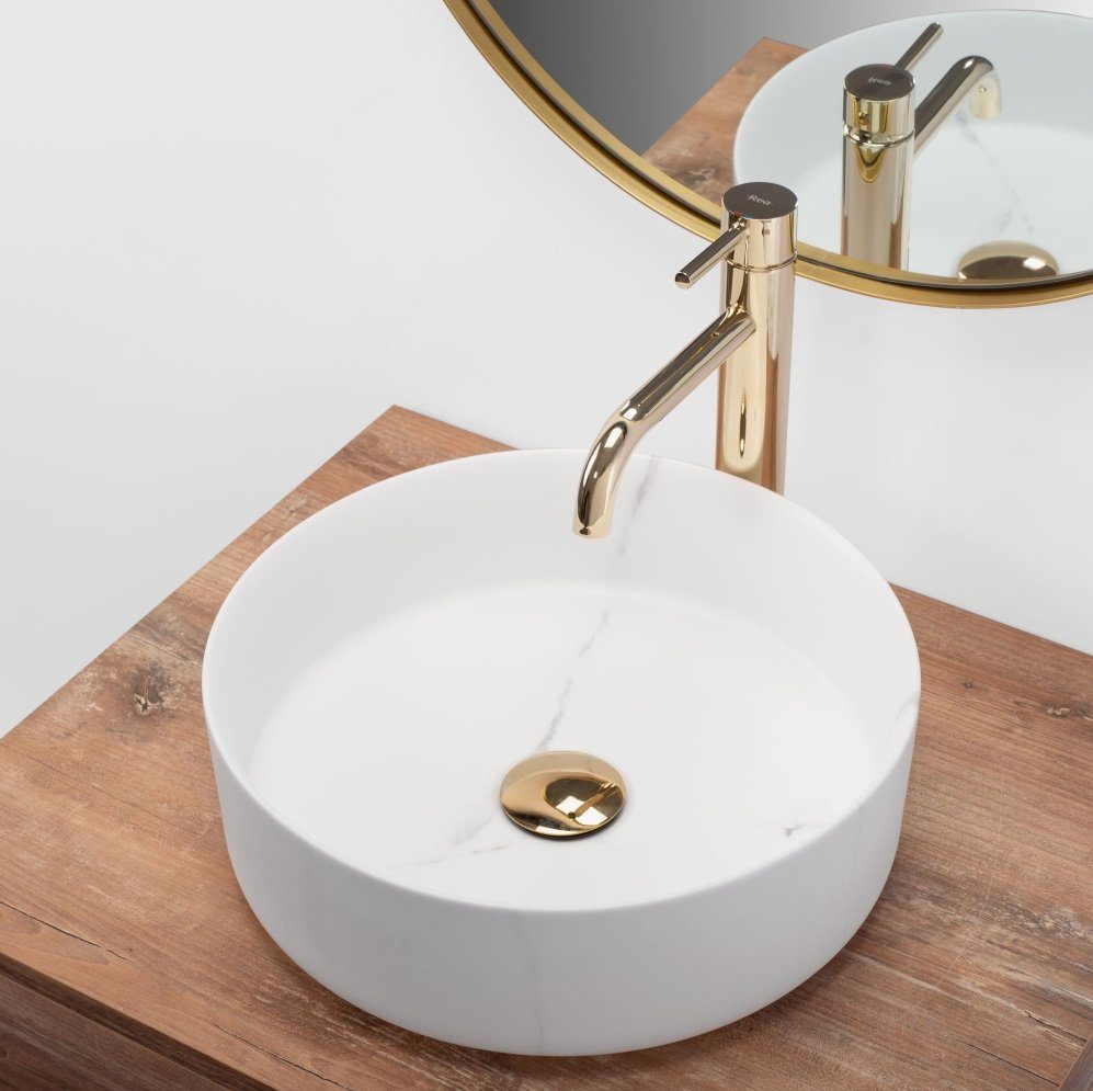 Badezimmer Rea Aufsatzwaschbecken Waschbecken Keramik Sami Marble Ø36,5cm Naturstein Marmoroptik