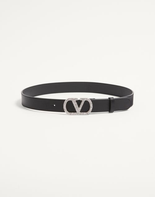 Cinto VLogo Signature em couro de bezerro brilhante com cristais, 30 mm