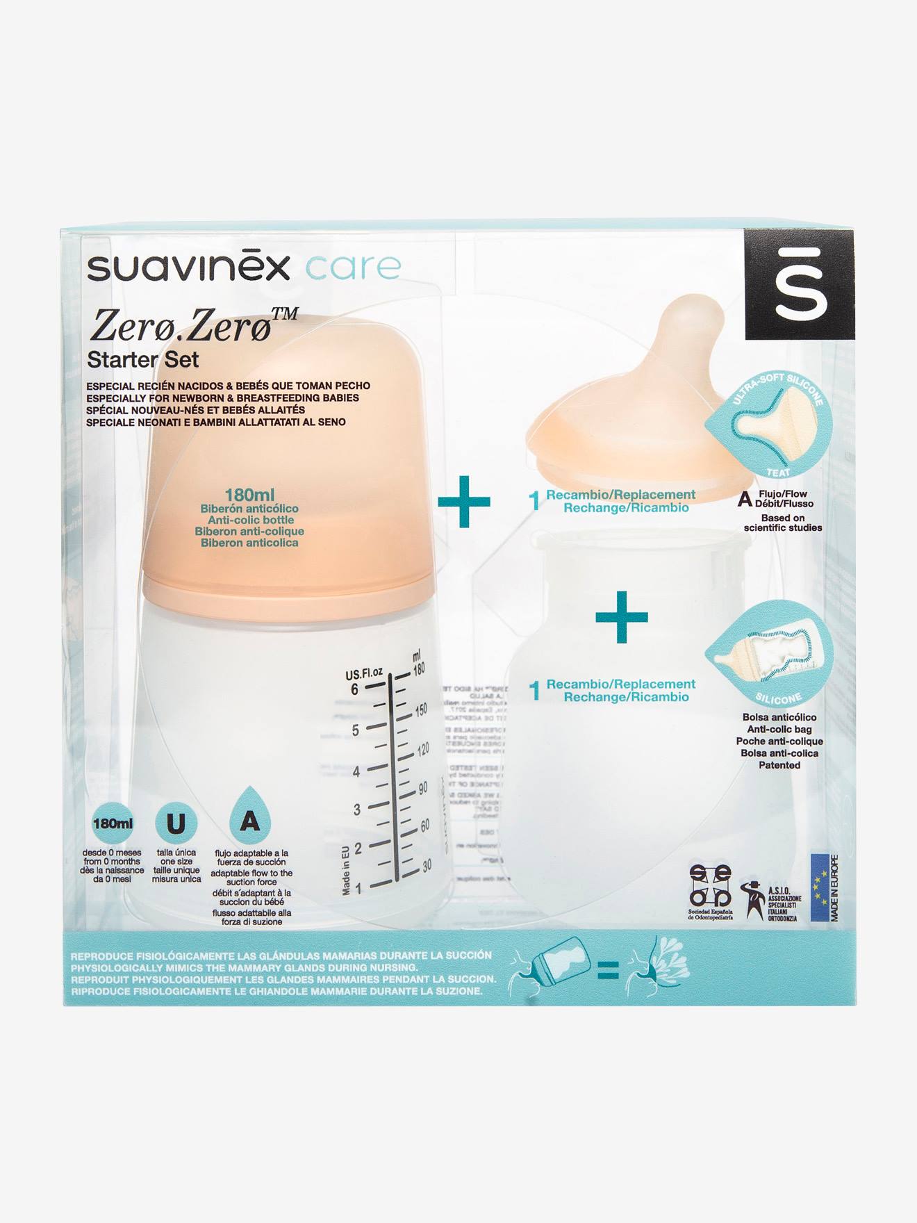 Starter Set Biberon Zero.Zero 180ml SUAVINEX rose clair uni avec decor