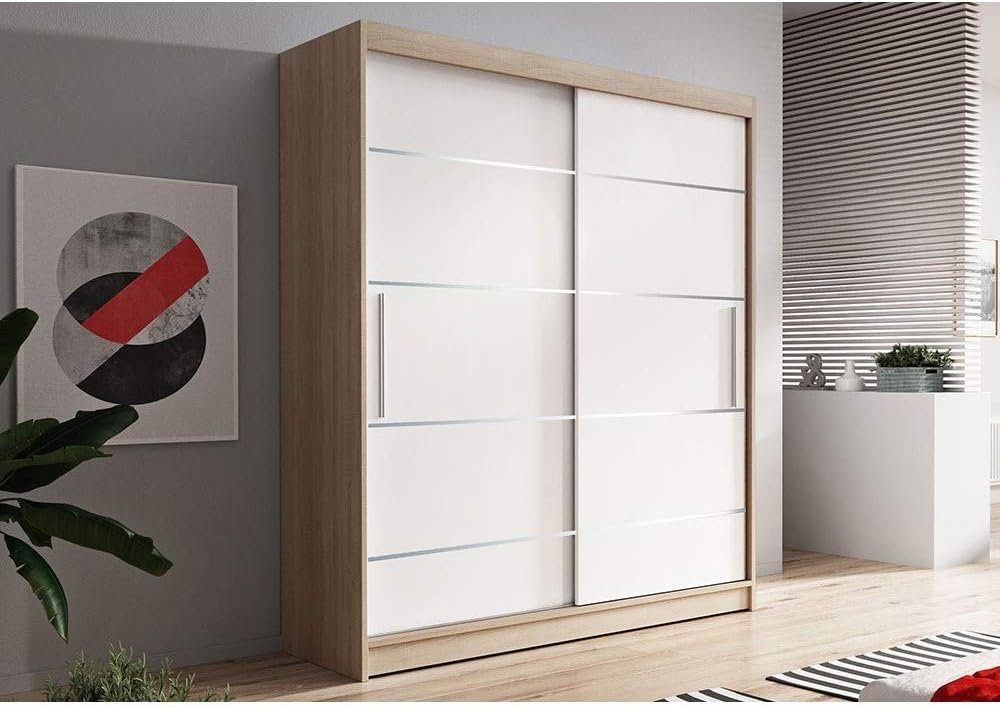 MOEBLO Kleiderschrank LARA 06 (mit dekorativen Elementen aus Aiminium, Schwebetürenschrank 2-türig Schrank, Gaderobe mit vielen Einlegeböden und Kleiderstange), (BxHxT): 150x200x61 cm