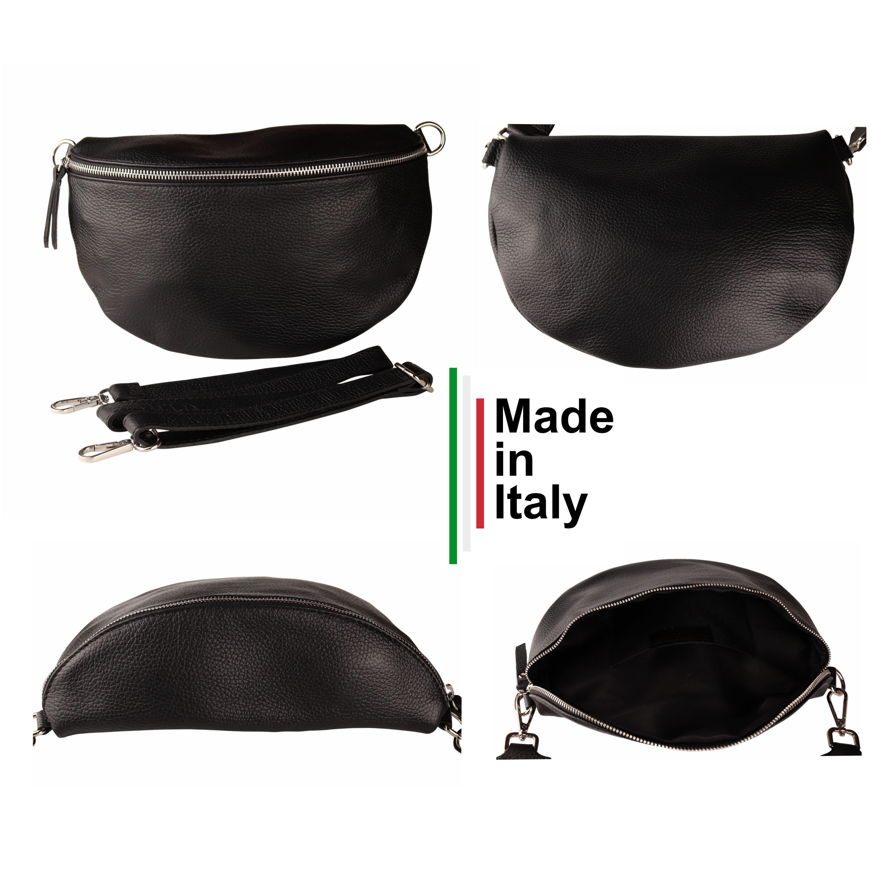MIRROSI Bauchtasche Damen, Echtleder, Leder, Made in Italy, Umhängetasche, Brusttasche, (Schultertasche für jeden Anlass (1 Tasche & 2 Gurte), 3 Größen auswählbar), Crossbody Bag, Schwarz, gemusterten& verstellbaren Schulterriemen
