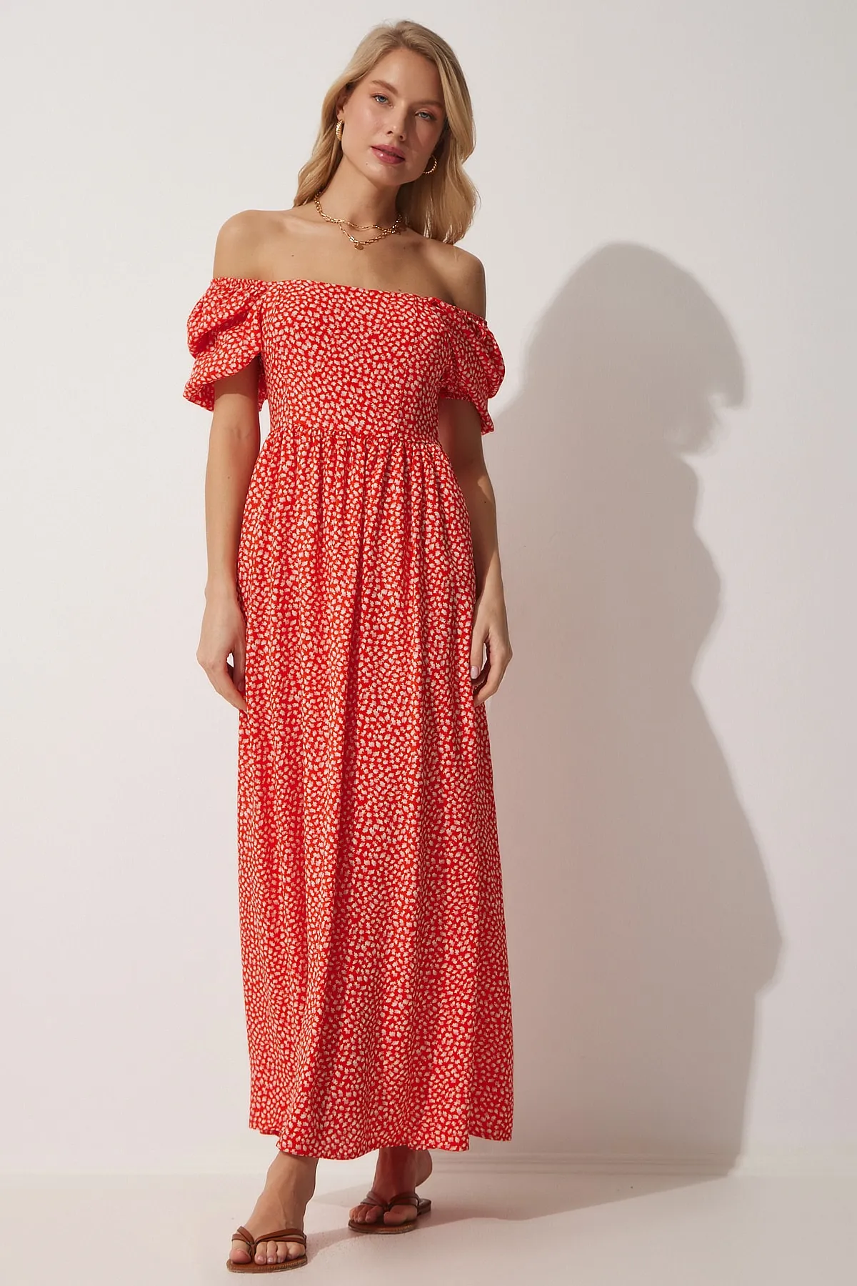 Happiness İstanbul  Damen-Sommerkleid mit Granatapfel-Blume, Carmen-Kragen, Blumenmuster, DK00151