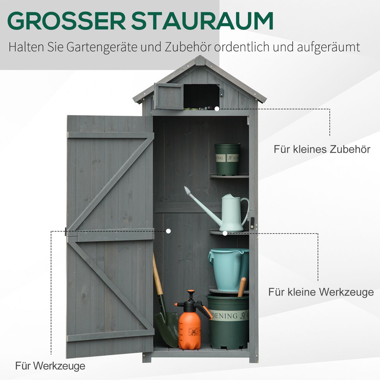 Outsunny Gartenschrank Geräteschuppen mit Fachböden Asphaltdach Holz Grau