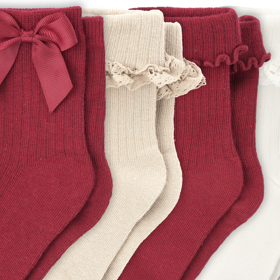 5 Paar Mädchen Socken im festlichen Dessin dunkelrot / dunkelblau / beige