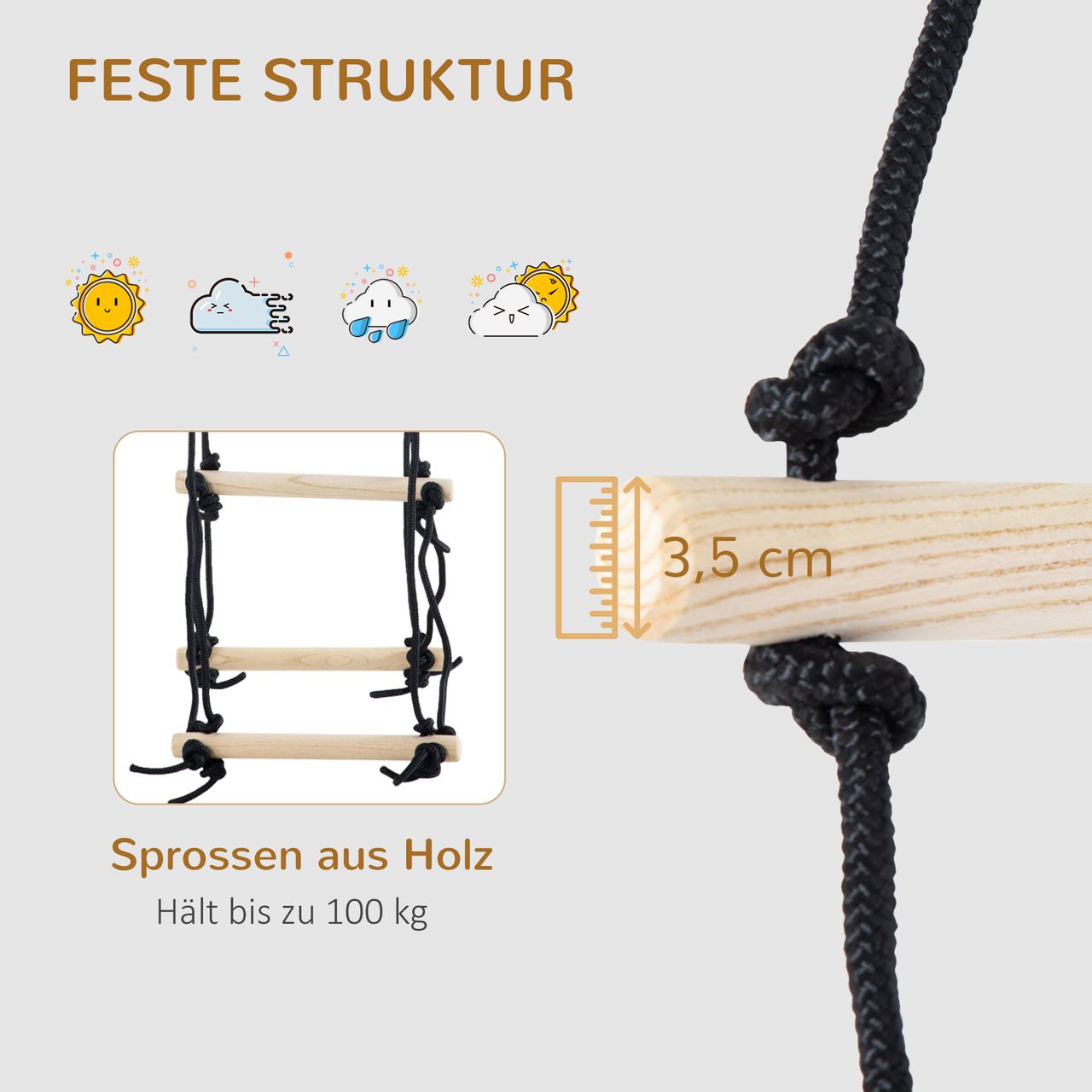 Outsunny 1,65 m Kinder Kletterleiter aus Holz Strickleiter Seilbrücke Hängeleiter für 3-14 Jahre Belastbarkeit bis 100 kg Outdoor Indooor Natur 88 x 40 x 165 cm