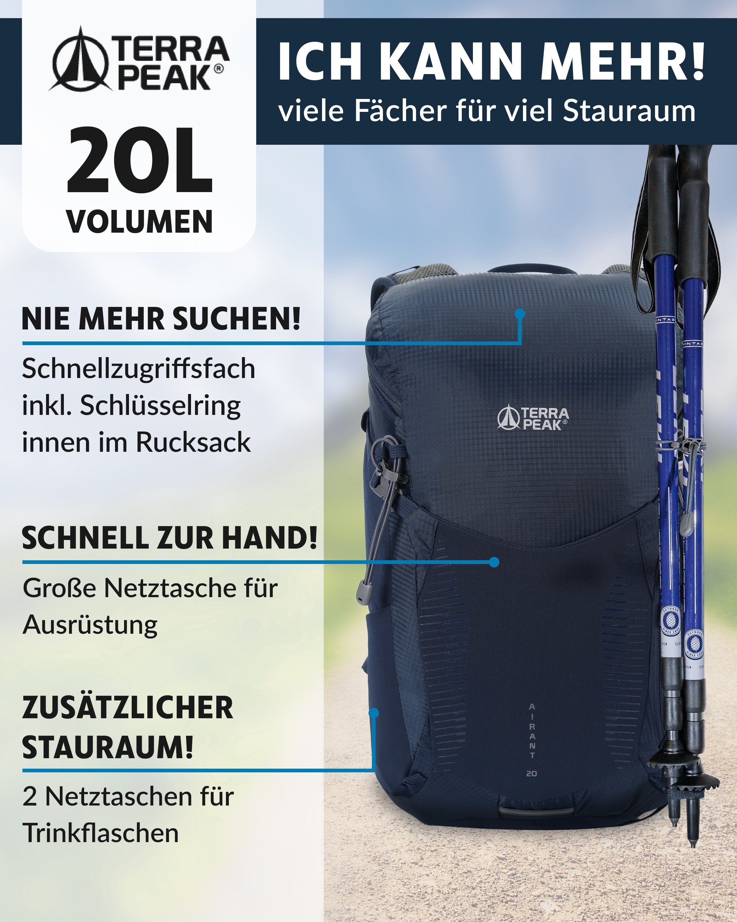 Terra Peak Wanderrucksack Airant 20, Rucksack klein mit belüftetem Netzrücken 20 Liter