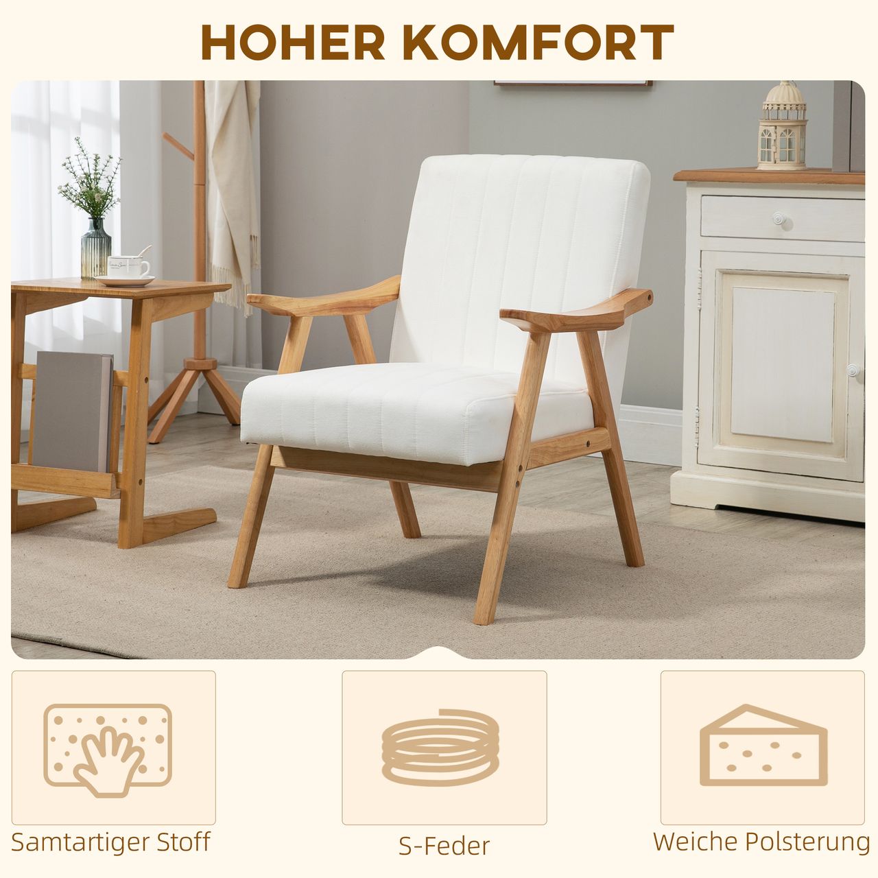 HOMCOM Polstersessel Wohnzimmersessel mit Armlehnen Naturholz Farbe: Creme