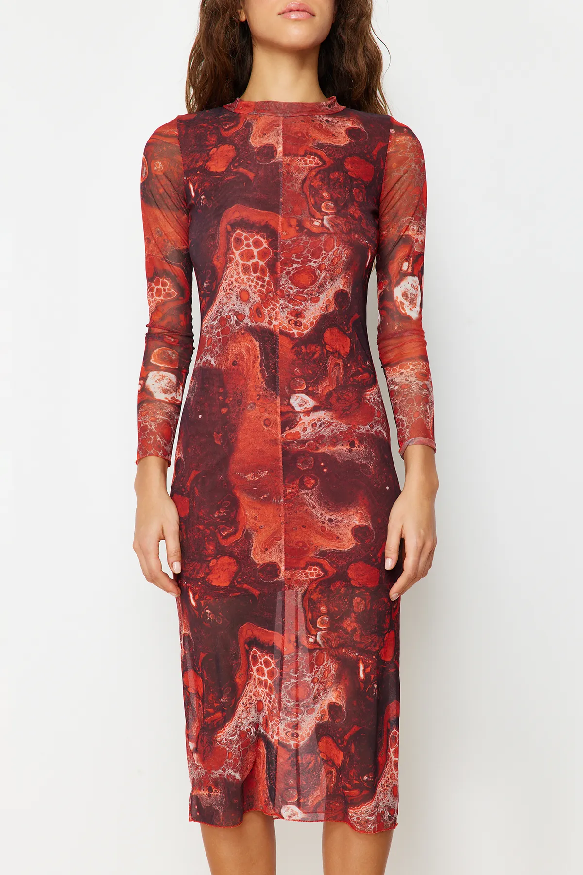 Trendyol Collection  Braunes, bedrucktes, mit Tüll gefüttertes, figurbetontes, hochgeschlossenes Midi-Strickkleid TWOAW24EL00165