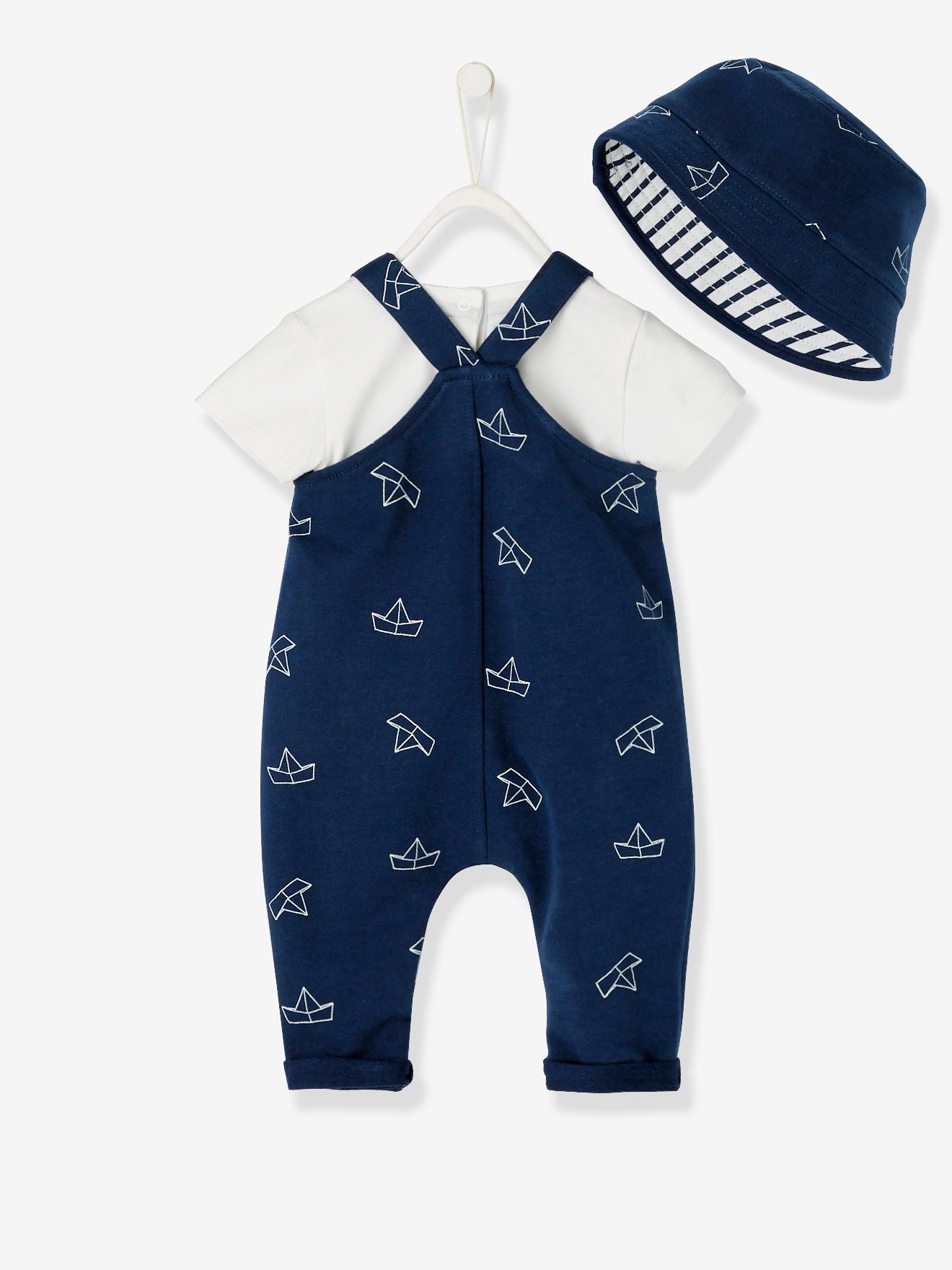 Vertbaudet Baby-Set: Sonnenhut, Body und Latzhose Oeko-Tex - weiß/blau