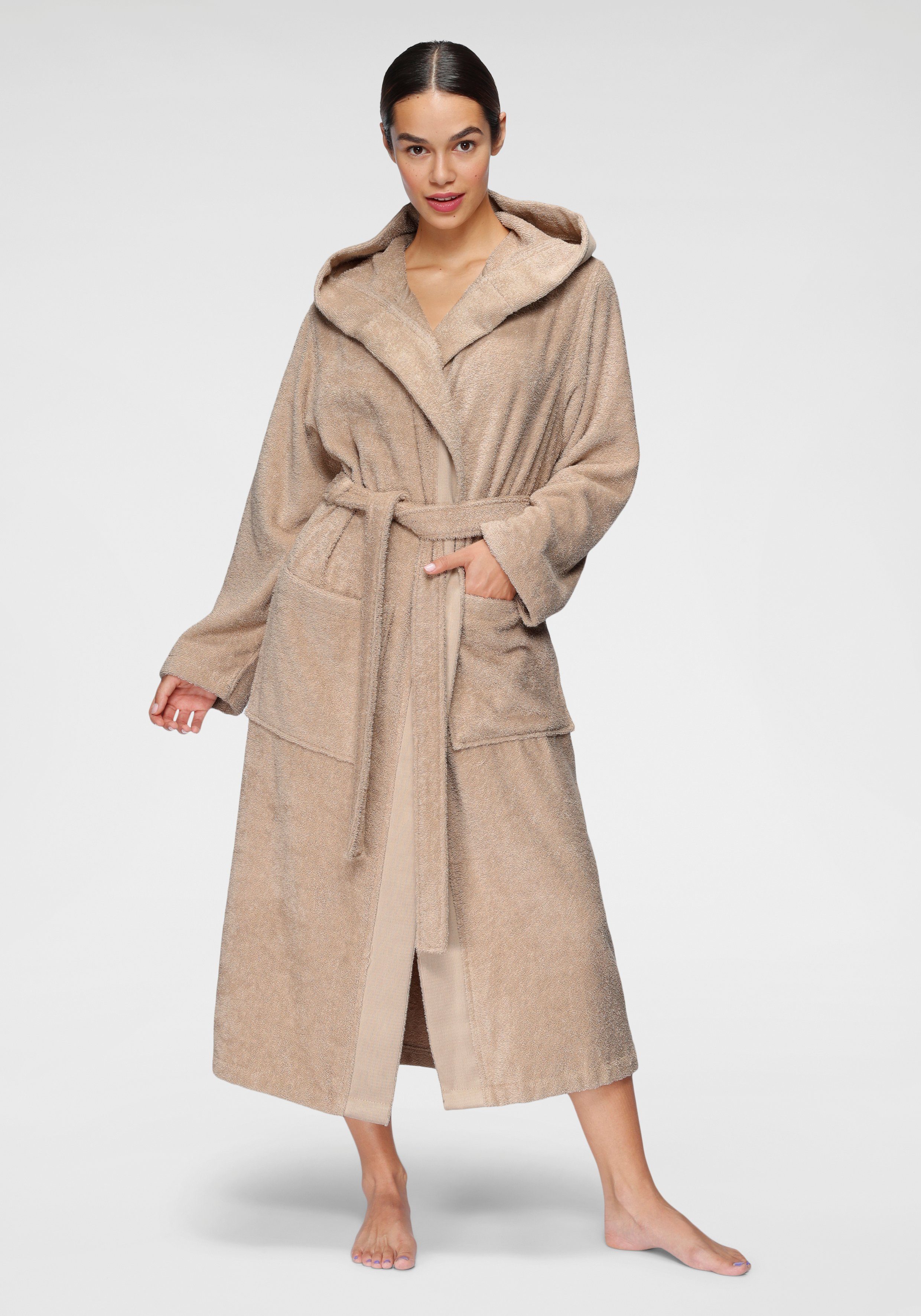 LeGer Home by Lena Gercke Damenbademantel Anisa, Langform, Walkfrottee, Bademantel mit Frottier Logo an der Kapuze, XS-2XL