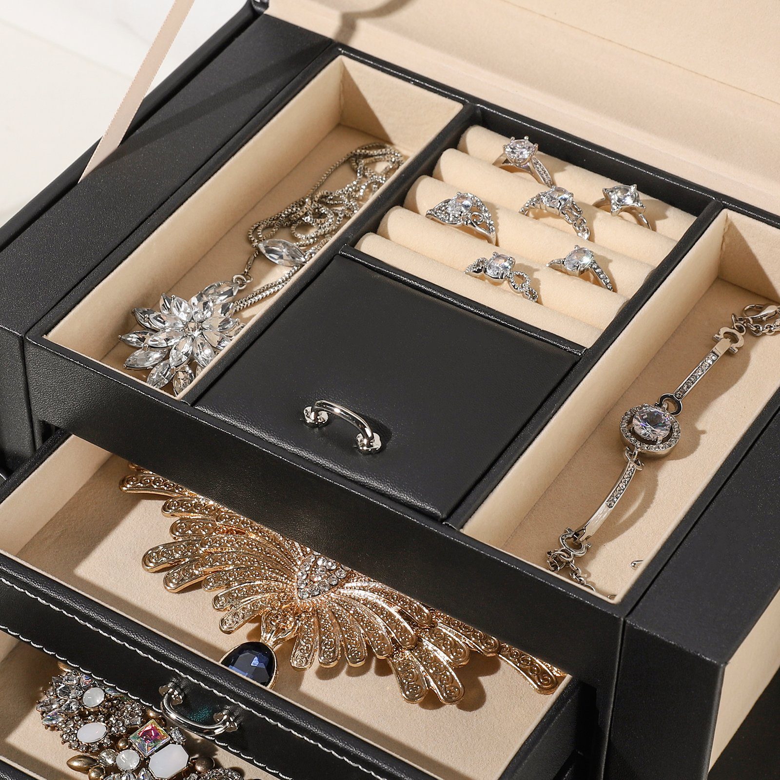 Yorbay Schmuckkasten Schmuckkoffer mit 4 Ebenen und 2 Seitenfächern, Schwarz (Komplett abschließbare Schmuckschatulle, Mit Spiegel), Schmuckkästchen für Halsketten, Ringe, Armbänder, Ohrringe