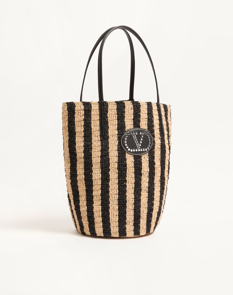 Bolsa de compras listrada de ráfia Valentino Garavani