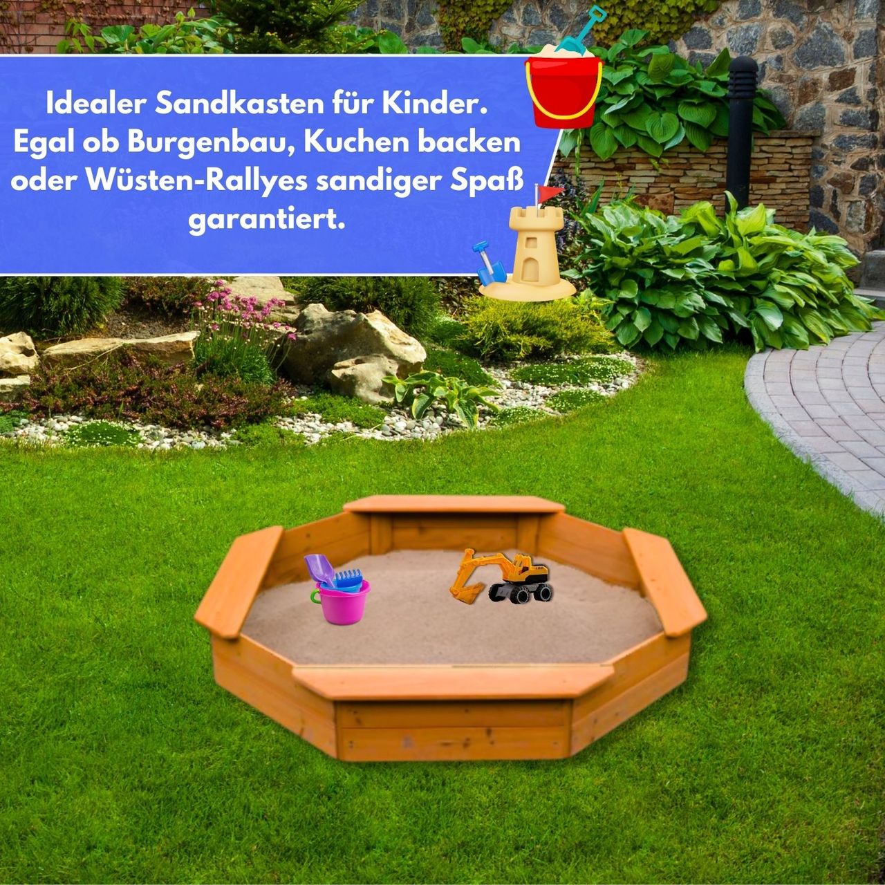 Coemo 6-eckiger Sandkasten Sally Holz inkl. Bodenplane 135x135x20 cm