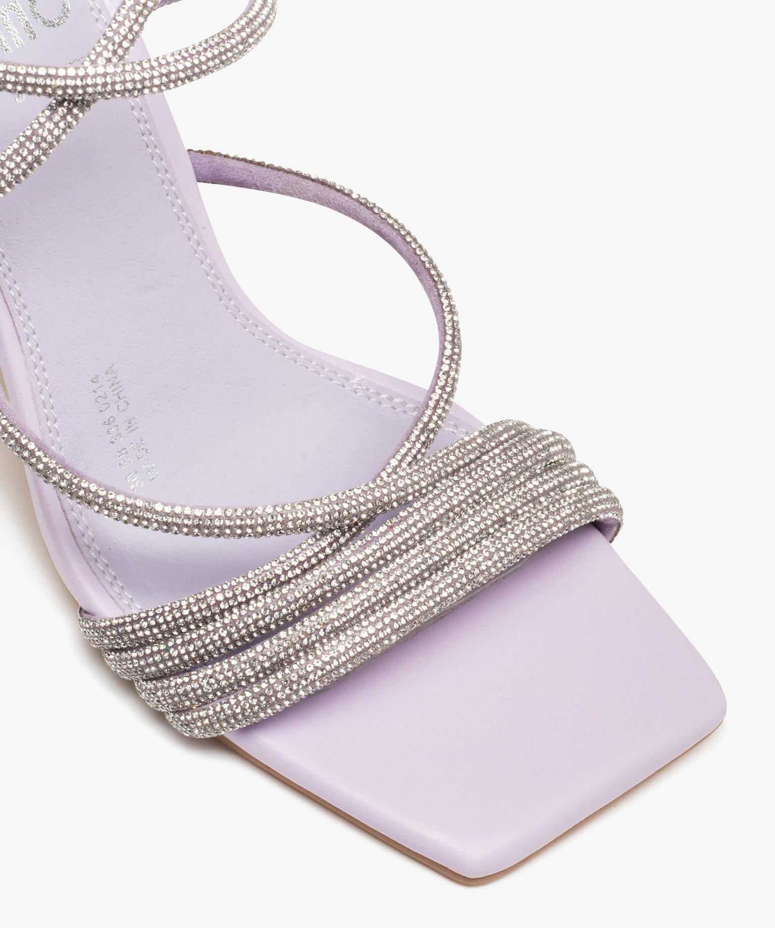 Sandales femme à talon haut dessus fines brides strass violet clair | GEMO