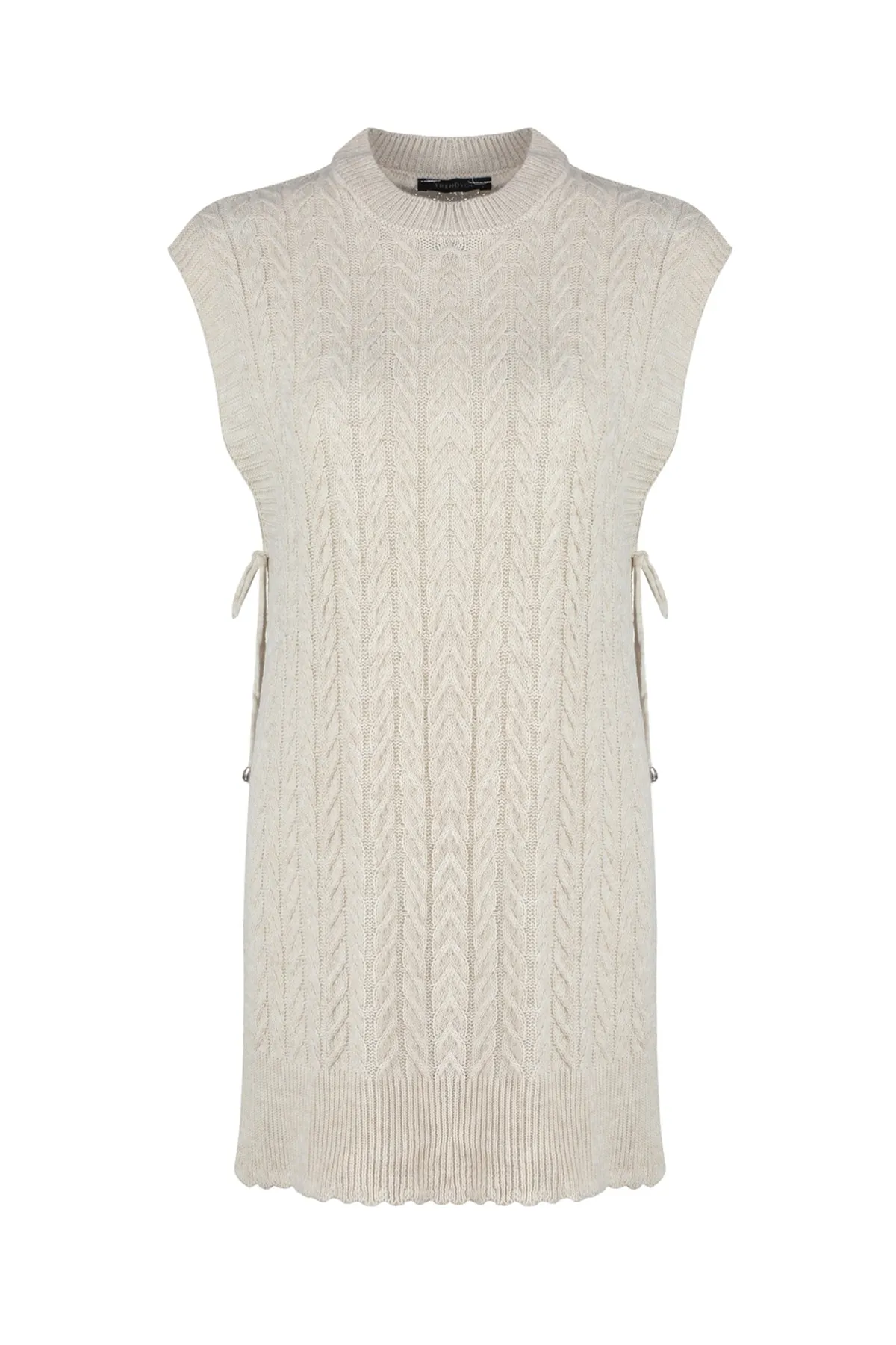 Trendyol Modest  Beigefarbener Strickpullover mit Krawatte und V-Ausschnitt TCTAW24UV00014