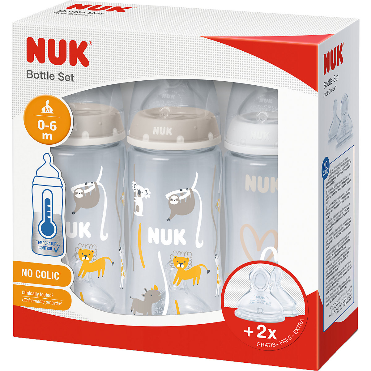 NUK First Choice+ 3 plus 2 Set mit Temperature Control, Vorteils-Set mit NUK First Choice+ PP-Babyflaschen inklusive zwei Ersatzsaugern, 0-6 Monate, beige & weiß