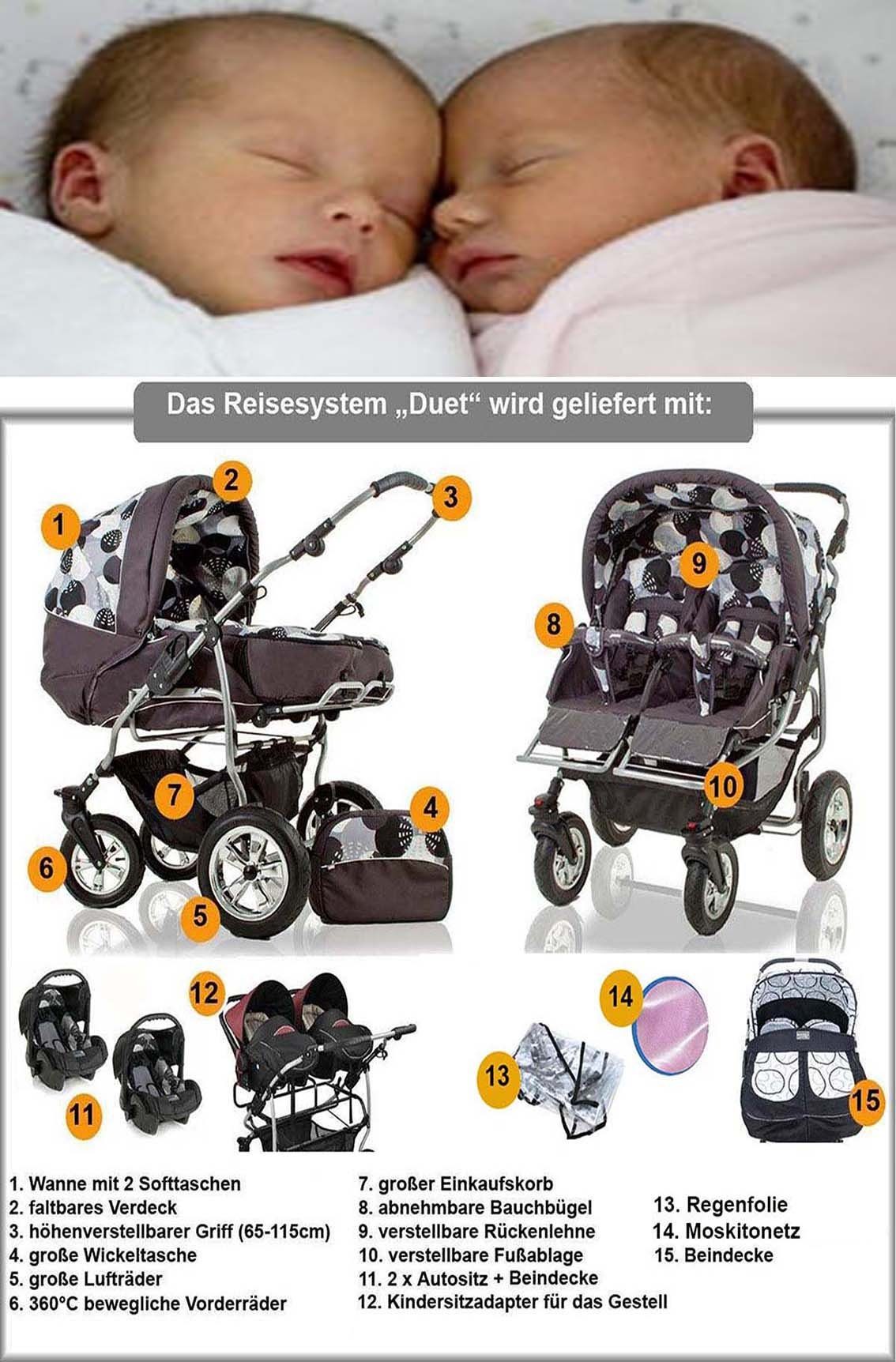 Elcar Zwillings-Kombikinderwagen Zwillingskinderwagen 3 in 1 Duet - 15 Teile - in 20 Farben