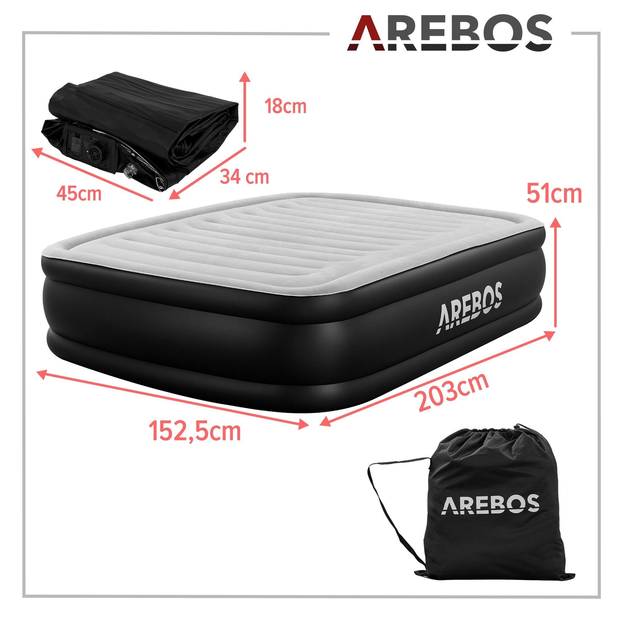 Arebos Luftbett Luftmatratze Aufblasbare Matratze Selbstaufblasend mit Pumpe, (Stück, Grau / Anthrazit Doppel)