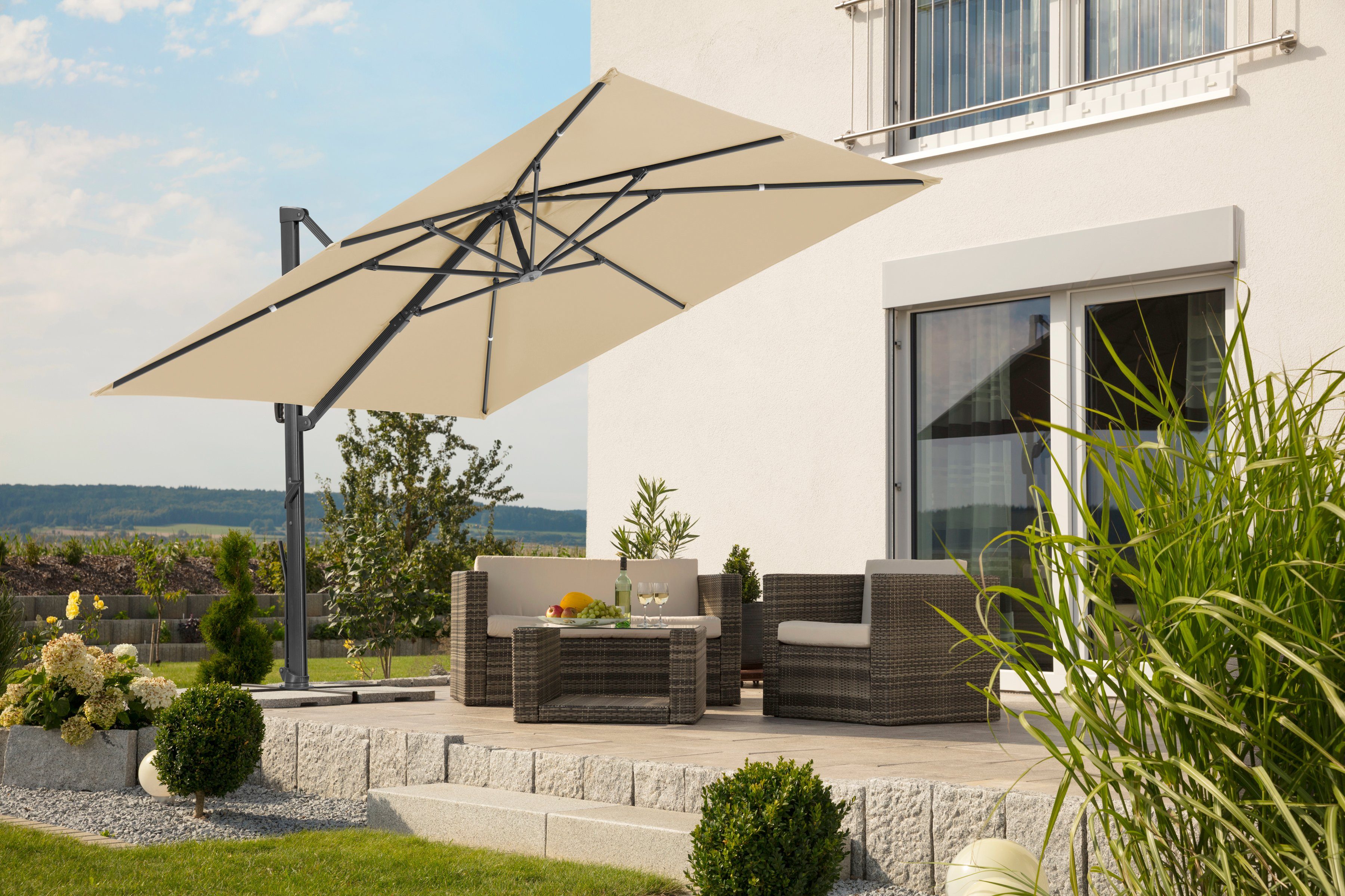 Schneider Schirme Ampelschirm Rhodos Smart, BxL: 300x300 cm, Alu/Polyester, inkl. Plattenständer/Schutzhülle