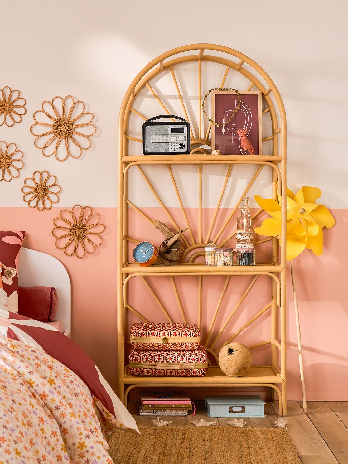 Vertbaudet Kinderzimmer Regal mit 3 Böden, Rattan BOHO - natur/sonnenform