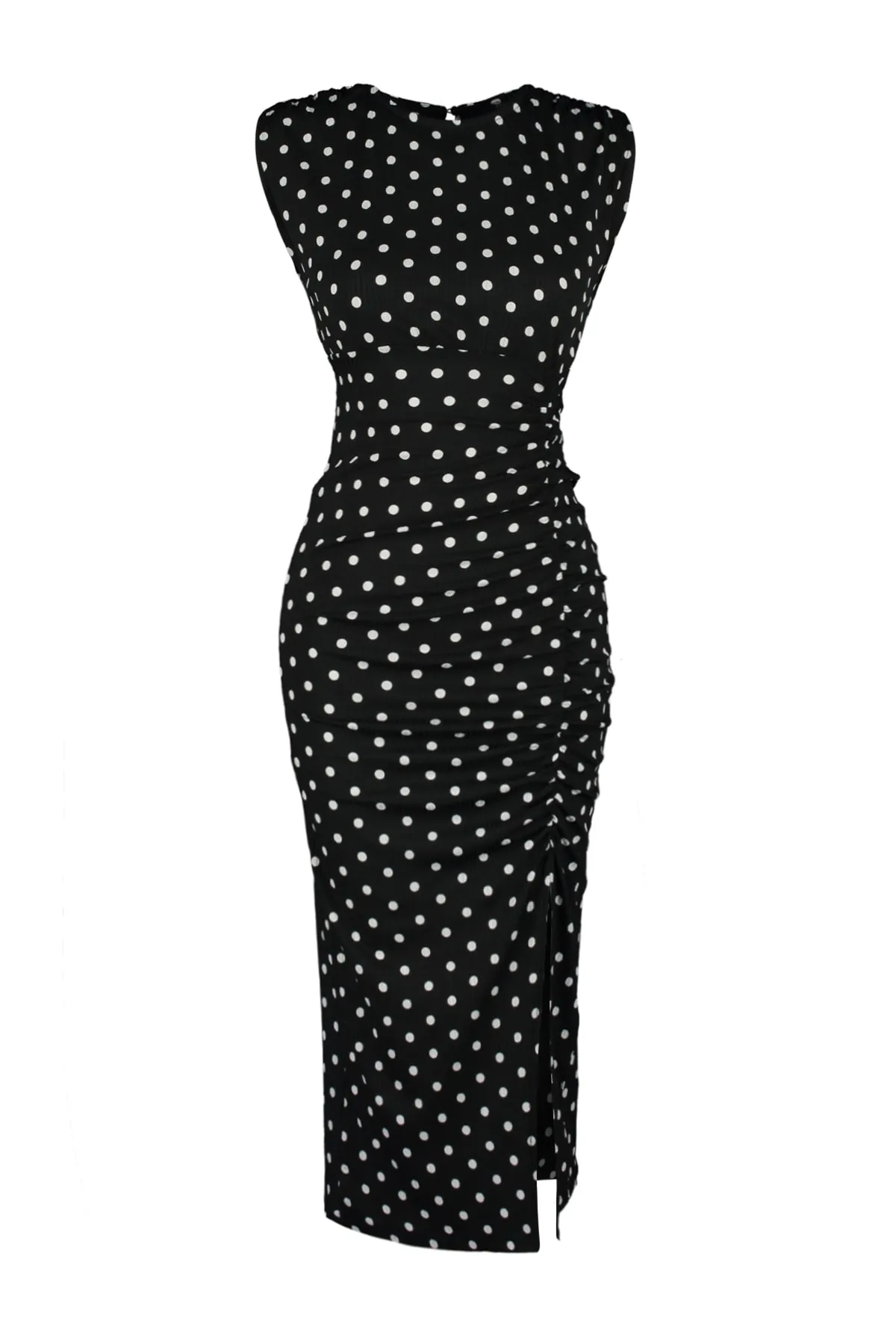 Trendyol Collection  Schwarzes, gepunktetes, tiefes Schlitzdetail am Rücken und flexiblem Strick-Bleistiftkleid TWOSS23EL02326