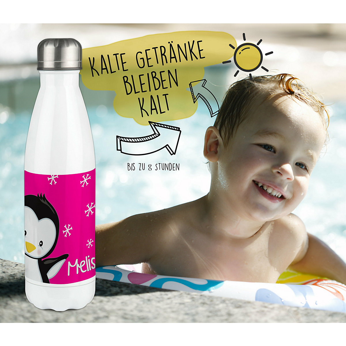 Edelstahl Kinder Thermoflasche / Trinkflasche bunt Pinguin Farbe pink Spülmaschinenfest, Auslaufsicher, Bruchfest, Doppelwandig, Für Heißgetränke geeignet, Mit Deckel, Isoliert
