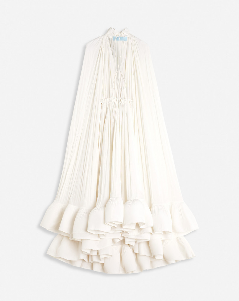 ROBE LONGUE À VOLANTS EN CHARMEUSE