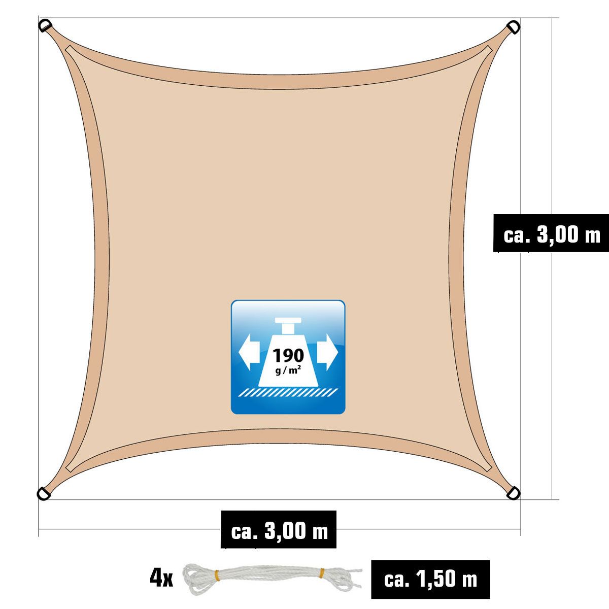 AMANKA 3x3 Wasserdichtes Beige Sonnensegel mit Befestigung