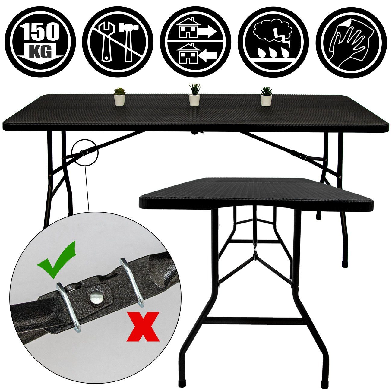 AMANKA Klapptisch Gartentisch für 6 Personen Klapptisch Rattan-Look, 180 x 74 cm Klappbar Schwarz