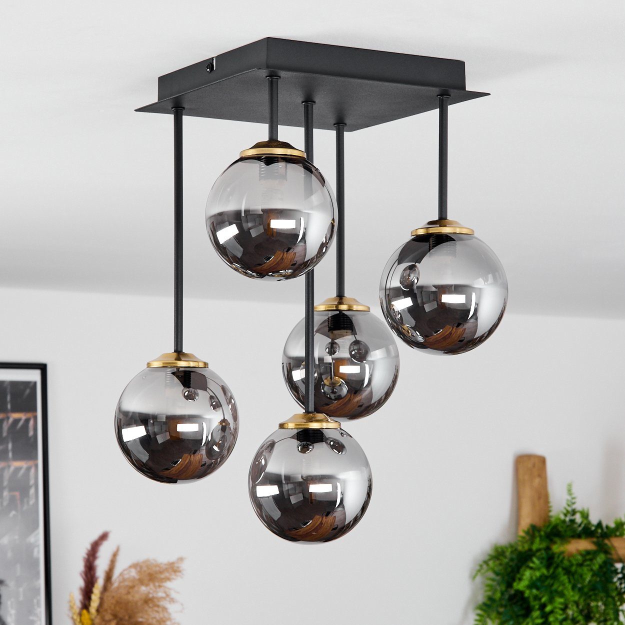 hofstein Deckenleuchte Isorella Deckenlampe aus Metall/Rauchglas in Schwarz/Messing/Chrom, ohne Leuchtmittel, Leuchte mit Kugelschirmen aus Glas, 5xG9