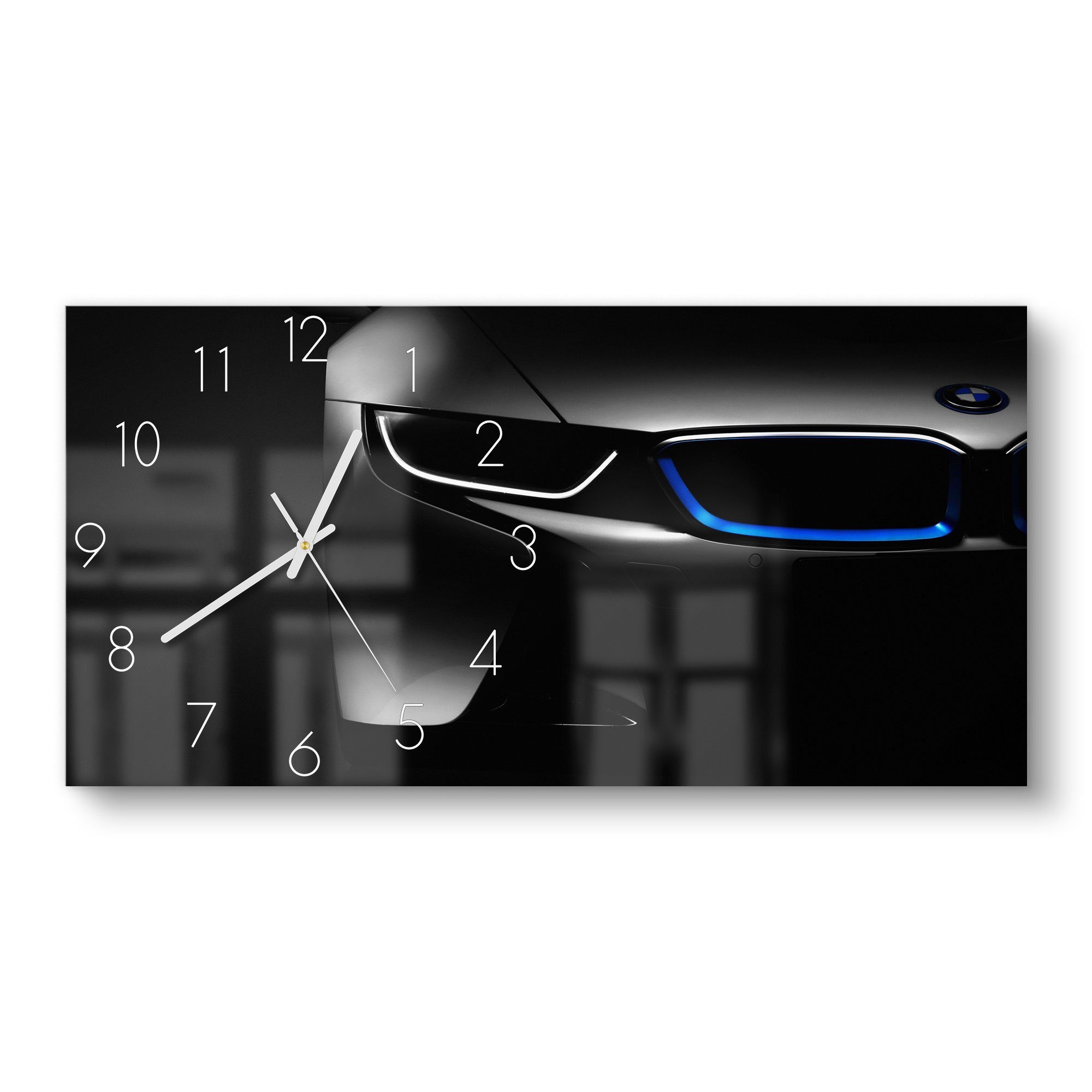 DEQORI Wanduhr 'BMW i8 Frontalaufnahme' (Glas Glasuhr modern Wand Uhr Design Küchenuhr)