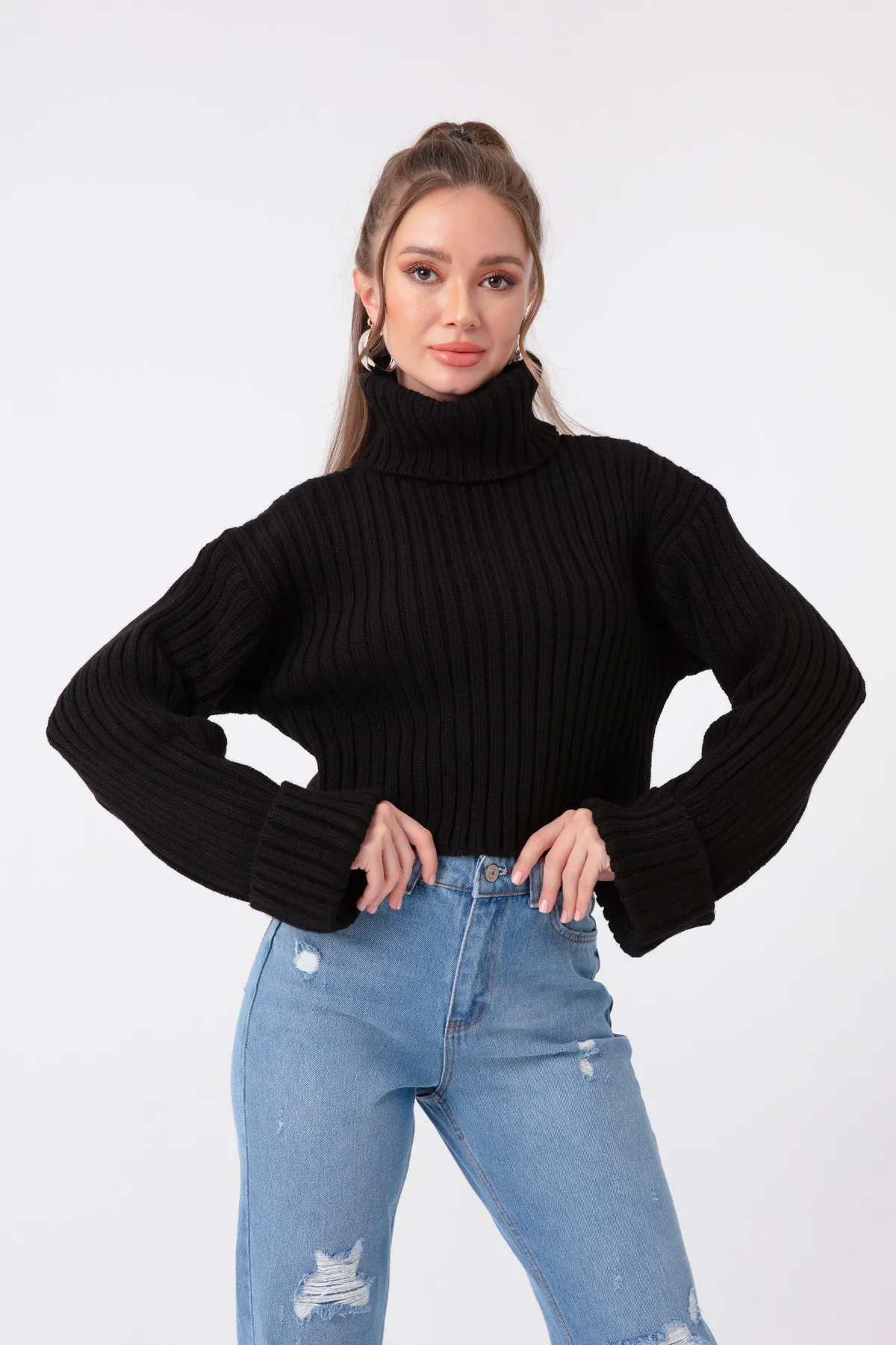 Lafaba  Schwarzer, breiter, gerippter Rollkragenpullover für Damen