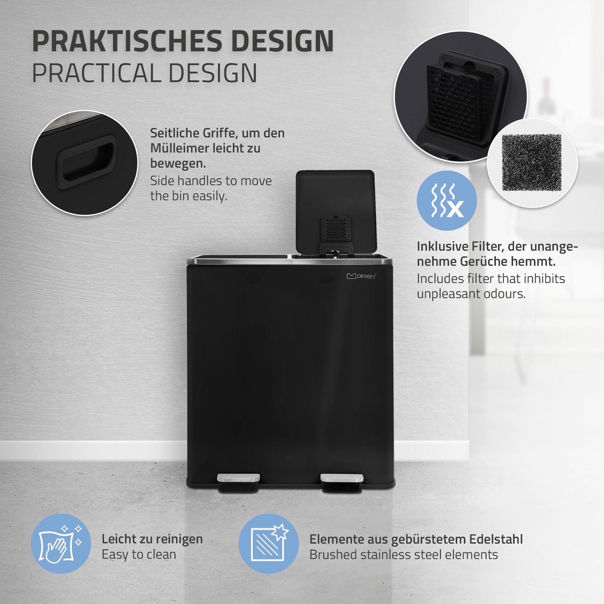 ML-DESIGN Mülleimer Mülltrennsystem Treteimer Abfalleimer, 2x30L Schwarz Edelstahl Inneneimer Klappdeckel Softclose luftdicht