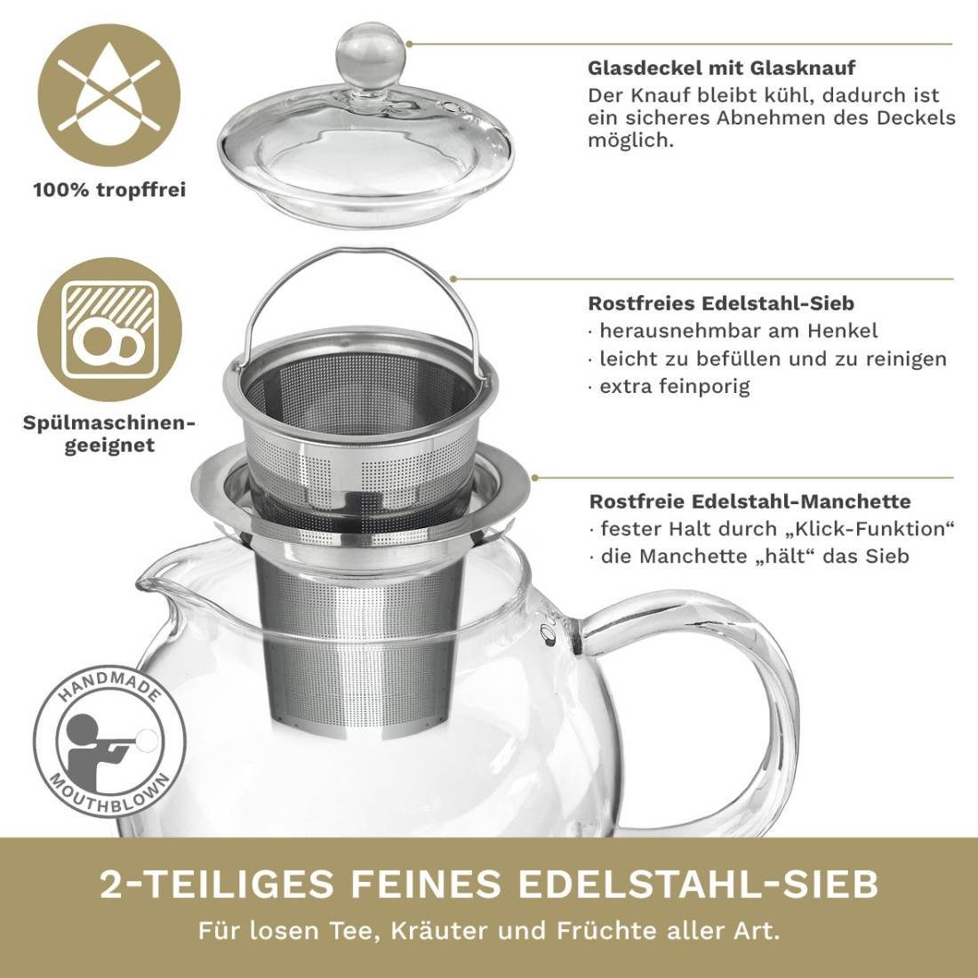 Creano Teekanne Creano Teekanne aus Glas 1,7l, 3-teilige Glasteekanne mit integriertem, tropffrei