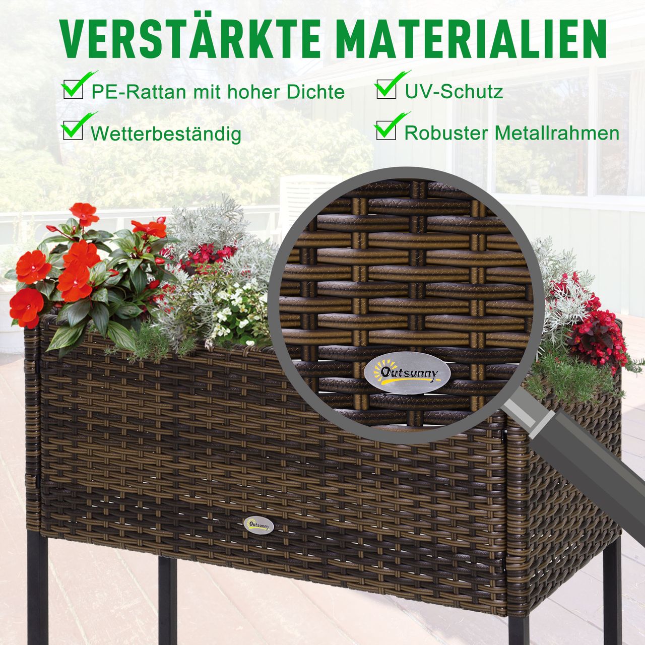 Outsunny Poly Rattan Hochbeet Blumentopf Blumenkasten mit Füßen mit Ablage
