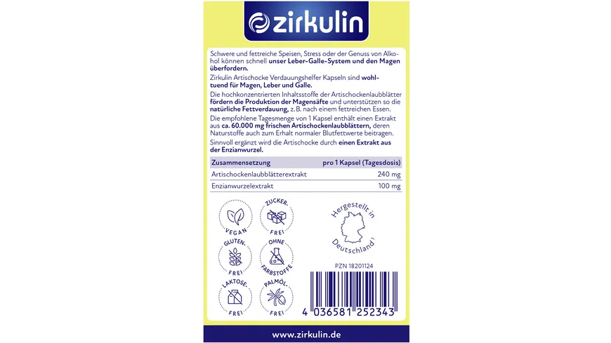 Zirkulin Artischocke Verdauungshelfer hochdosiert
