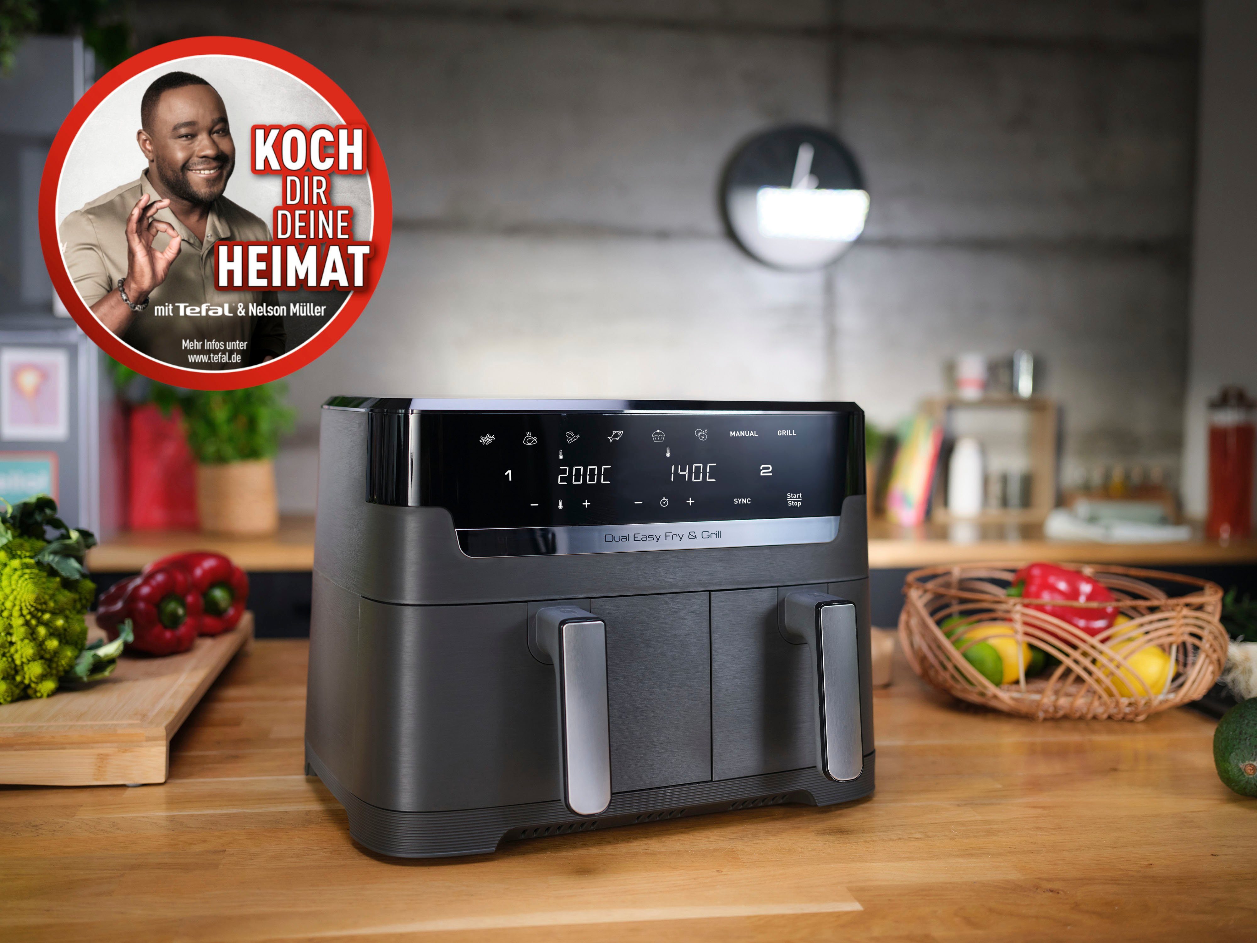 Tefal Heißluftfritteuse EY905B Dual Easy Fry & Grill Doppelkammer, 8,3 L Kapazität, 2 Laden, 2700 W, mit Hamburger Presse